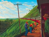 Cesta vlakem - Severní Austrálie: triptych/Train Journey - Northern Australia: Triptych, 1984, olej na plátně/oil on canvas, Centrální obraz 76x101cm, křídla 76x50cm/Central picture 76x101cm, wings 76x50cm